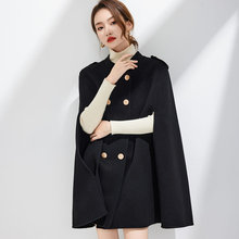 羊毛双面呢大衣女斗篷外套中长秋冬外套风双排扣韩版宽松显瘦黑色