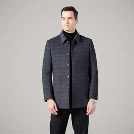 2025冬装男士双面羊绒大衣短款爸爸休闲格子羽绒内胆羊毛呢子外套