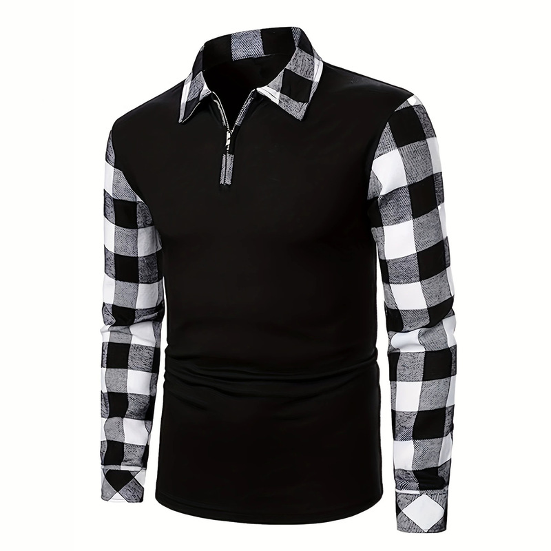 Flannel plaid long-sleeve shirt, European and American size men's half-zip polo shirt, vintage casual versatile