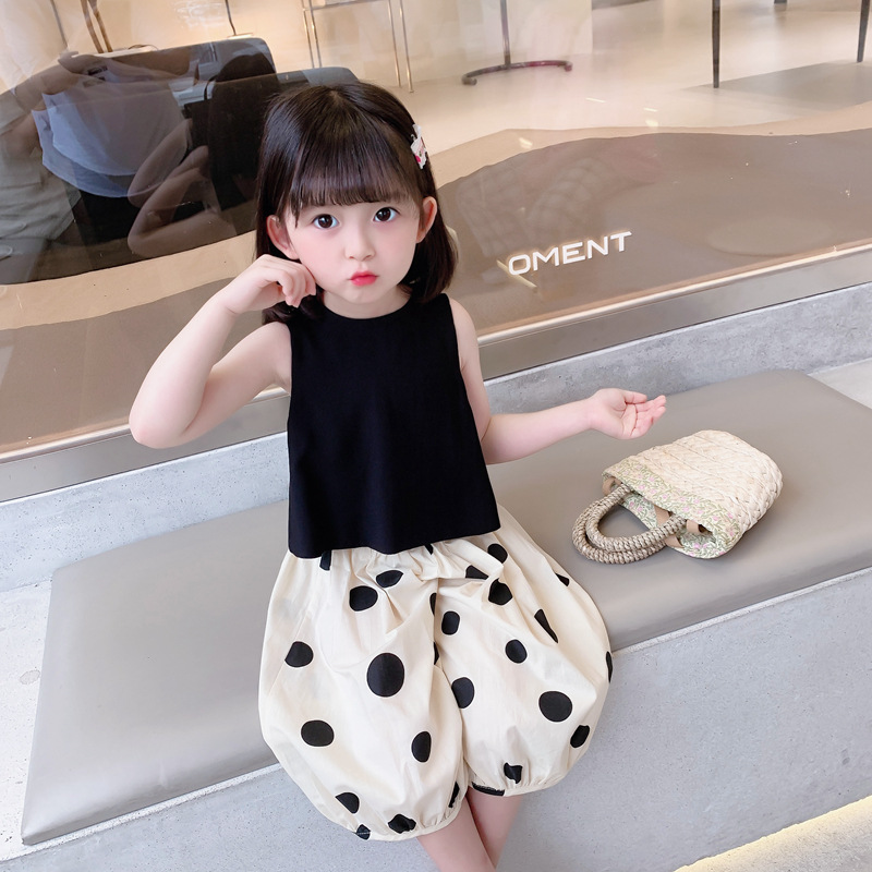 女童夏季套装2022新款韩版宝宝无袖上衣两件套小童波点童装批发潮