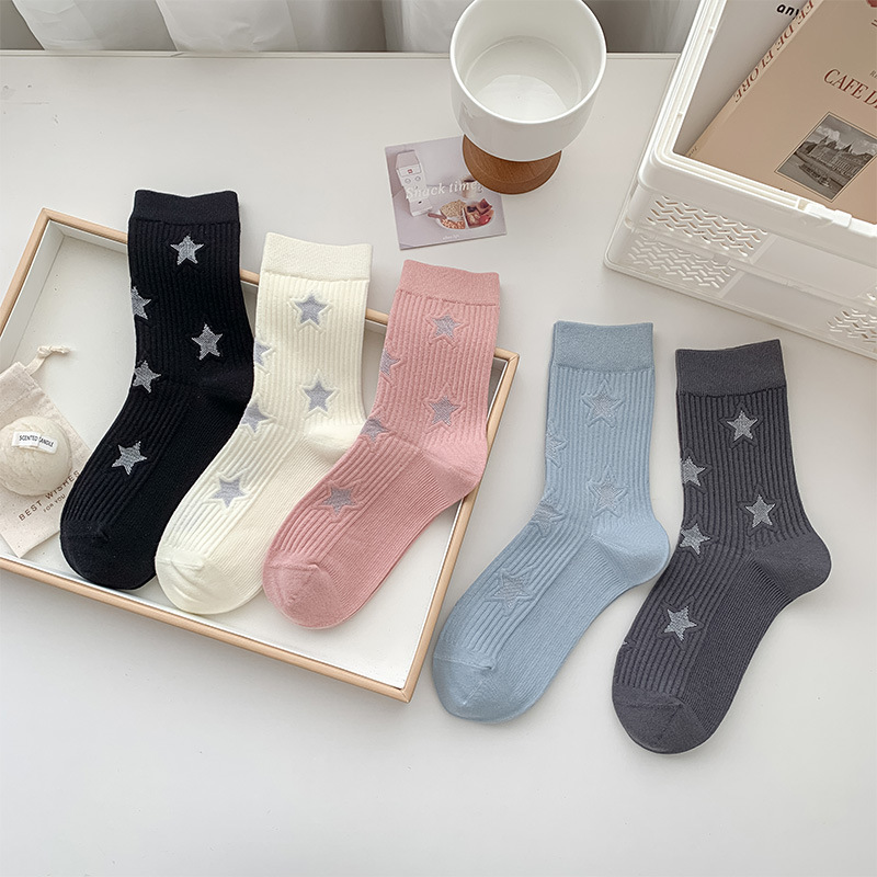 White Socks Women's Internet-famous Pentagonal Star Mid-length Socks Combed Cotton Sweat-absorbent Boneless Long-length Stacked Socks Fashionable Women's Socks White Socks Women's Internet-famous Pentagonal Star Mid-length Socks Combed Cotton Sweat-absorbent Boneless Long-length Stacked Socks Fashionable Women's Socks
