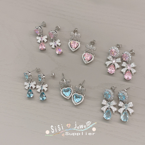 SIsi heavy industry light luxury bow love earrings gold-plated micro-inlaid imitation aquamarine niche super fairy temperament earrings