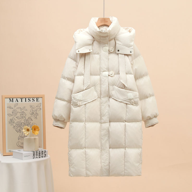 中丈の白いグースダウンジャケット レディース 2025年新作 韓国風 厚手 リボン付き フード付き ゆったり 膝丈 冬用コート