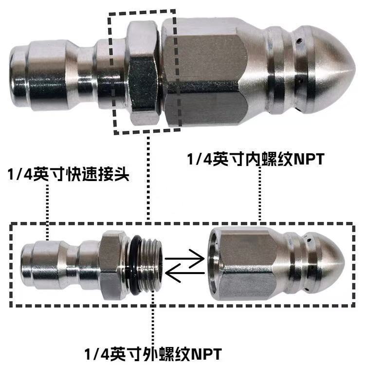 下水道管道疏通不锈钢高压喷嘴1/4快插前一后六水老鼠头5000ps无|undefined