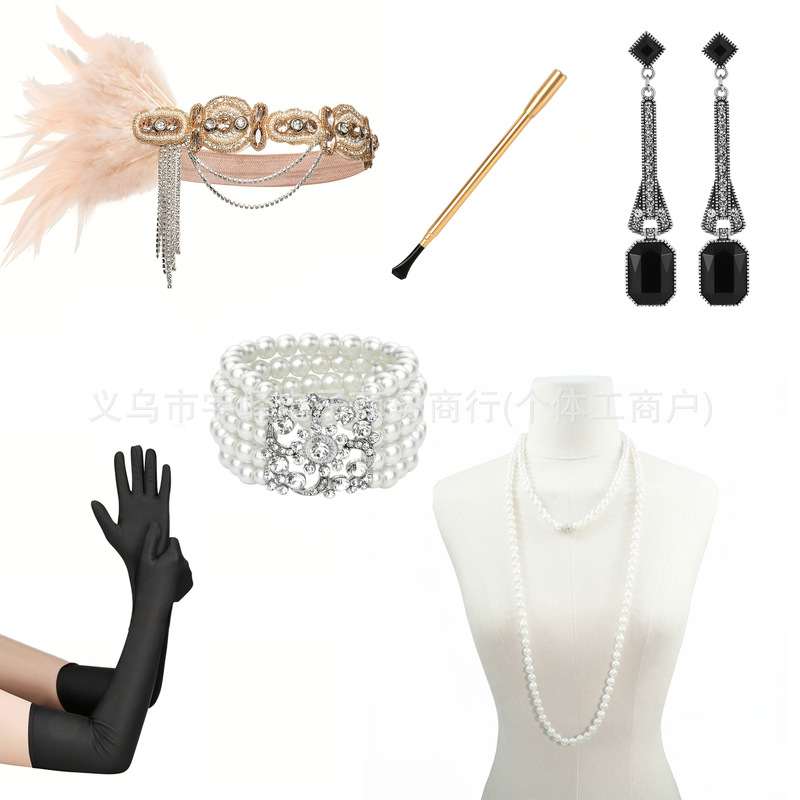 1920S Retro Feather Headband, Pearl Necklace, Earrings, Gloves, Glass Bracelet Set, Party Dance Accessories Cover 1920S Retro Feather Headband, Pearl Necklace, Earrings, Gloves, Glass Bracelet Set, Party Dance Accessories Cover