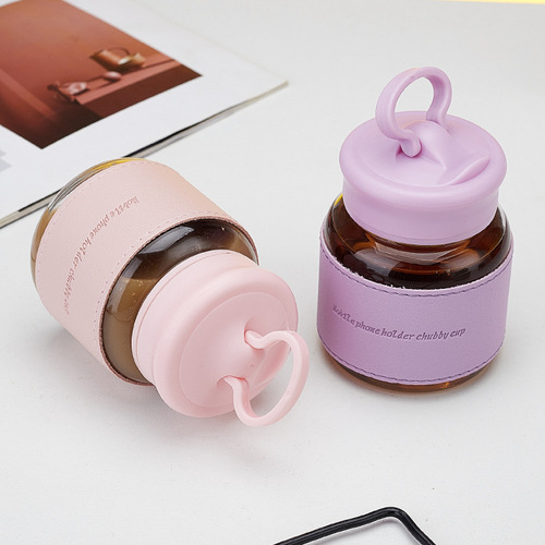 Phone holder chubby cup high borosilicate glass cup creative cute graduated cup milk coffee cup portable water cup