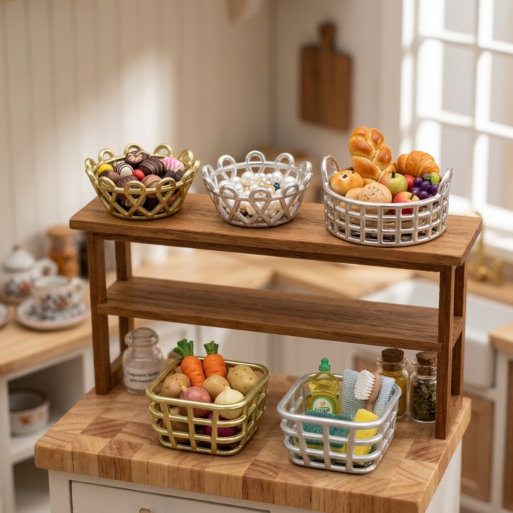 Casa de muñecas en miniatura canasta de almacenamiento simulación mini cocina decoración de malla metálica canasta decoración de juguetes caseros