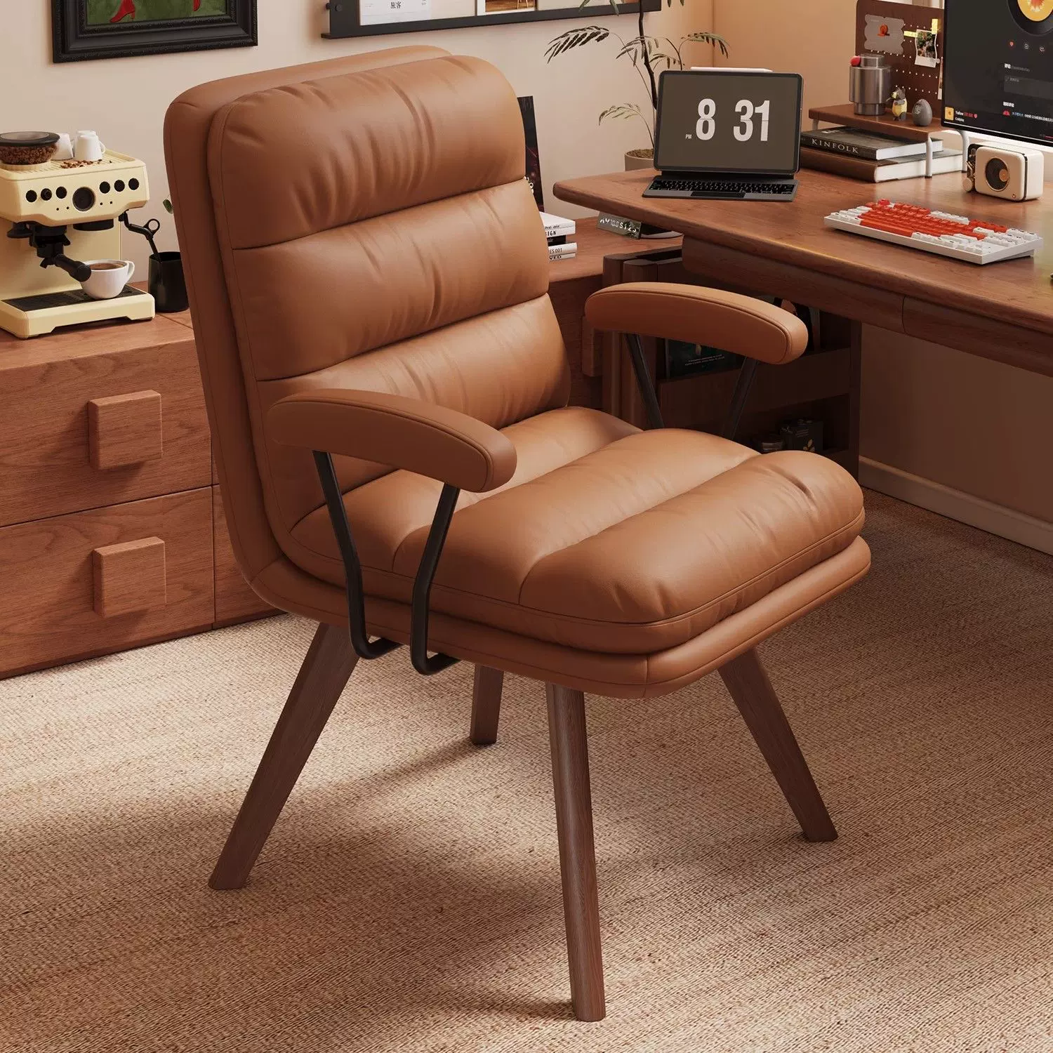 实木电脑椅轻奢可旋转书房书桌椅舒适久坐靠背办公椅人体工学座椅