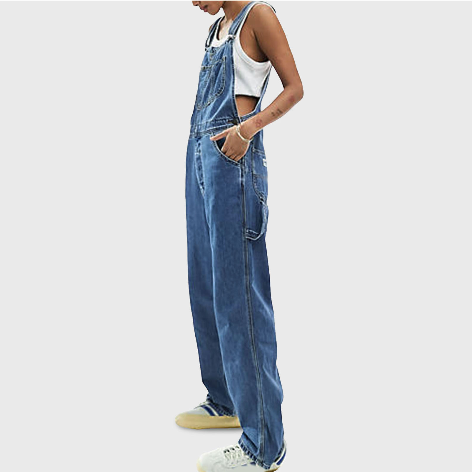 paar outfit heren schouderband jumpsuit gescheurde denim werkkleding broek_voghion.com