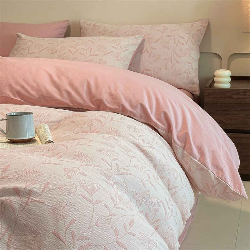 Nuevo tipo A piel de algodón doble cara teñido Jacquard flor simple cuatro piezas de sábanas fabricantes al por mayor