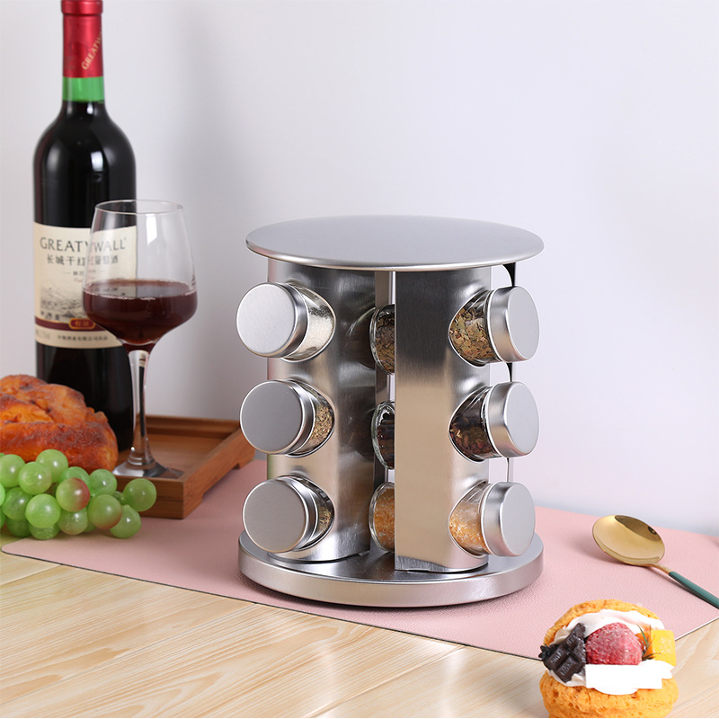 Estante redondo de condimentos de acero inoxidable Estante de suministros de cocina Condimento Encimera doméstica Estante de almacenamiento de sal, azúcar y pimienta