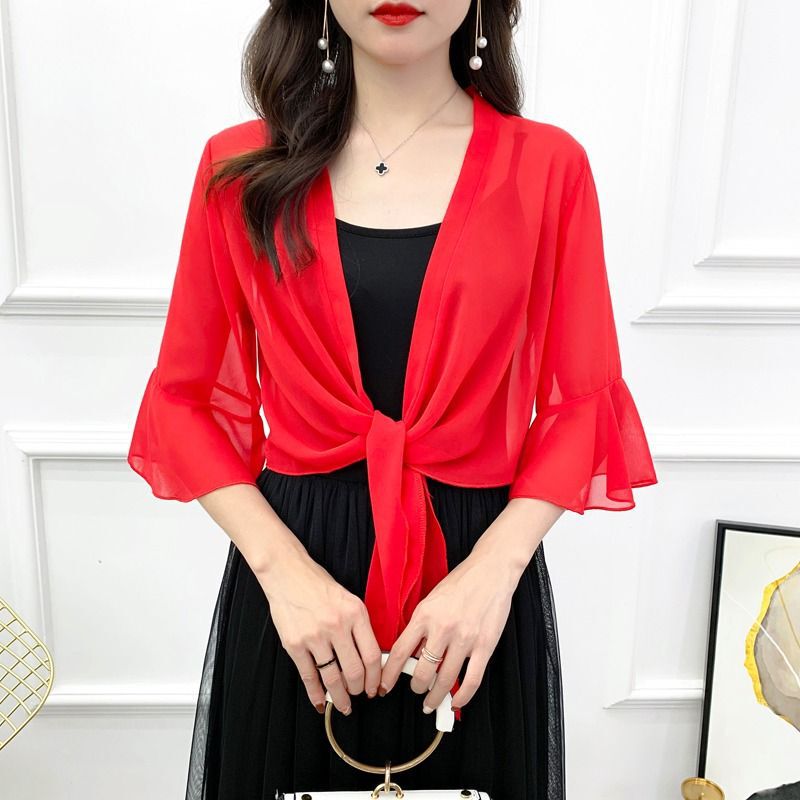 Summer Small Jacket with Suspender Skirt, Chiffon Sunscreen Cardigan, Thin Women's Outer Blouse with Skirt and Small Shawl