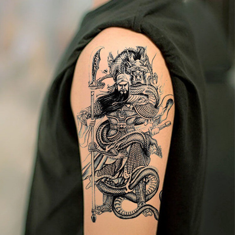 Waterproof Tattoo Stickers, Long-Lasting Male Guan Gong Tattoo Stickers, Guan Gong Flower Arm Tattoo Stickers, Guan Gong Riding on the Dragon