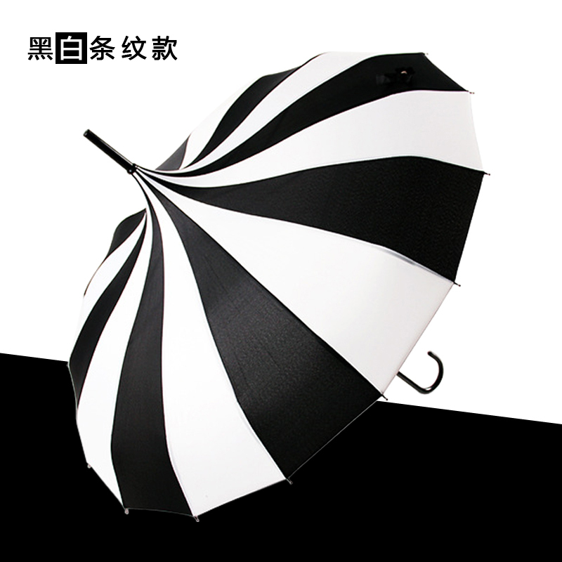 16-Rib Classic Black and White Striped Pagoda Umbrella for Women, Creative and Unique Long-Handle Retro Princess Sunshade Umbrella, Wholesale 16-Rib Classic Black and White Striped Pagoda Umbrella for Women, Creative and Unique Long-Handle Retro Princess Sunshade Umbrella, Wholesale
