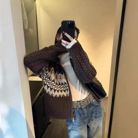 复古毛衣女25秋冬羊毛开衫厚高领针织宽松慵懒风学院风外套女装