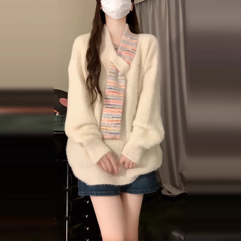 慵懒风软糯v领白色毛衣女2025新款秋冬季宽松长袖针织上衣感|undefined