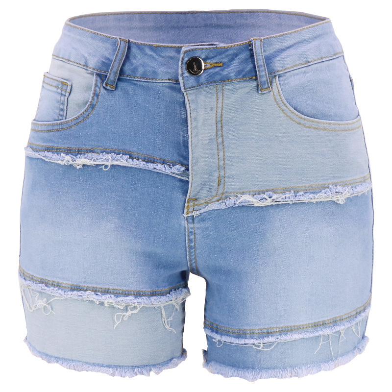 light Color-blocking wash high waist elastic wide leg denim shorts NSARY126436