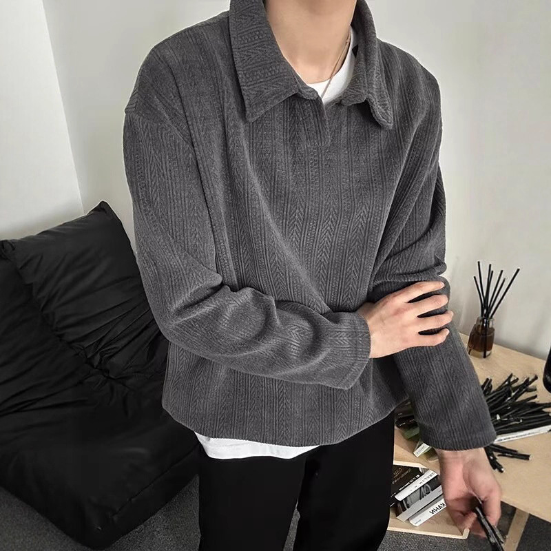 American-Style Gray Long-Sleeve Men's T-Shirt for Spring and Autumn, Shirt Collar with Wheat Ear Pattern, Heavy-Duty Trendy Brand Polo Shirt