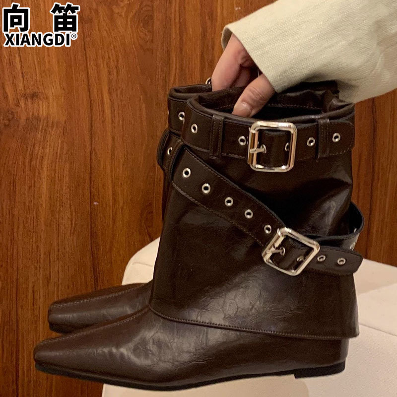 牛皮版小坡跟内增高马丁靴粗跟短靴辣妹风裤管靴骑士靴褶皱堆堆靴|undefined