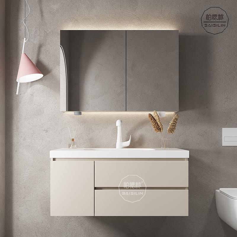 Modern Minimalist Corian Integrated Basin Bathroom Cabinet Set Designer Washbasin Sink Vanity