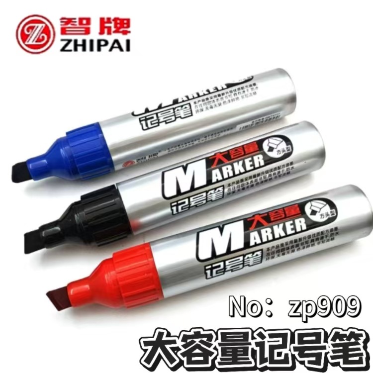 Zhìpái New Thickened Oblique-Tip Marker Pen, Refillable Advertising Pen, Black Oil-Based Pen, Thick Line, 6-Piece Box, 1cm