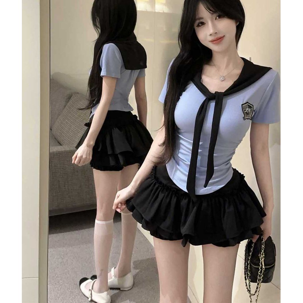 Internet Celebrity Sexy Navy Collar Color-Blocked Slimming Look Pullover T-Shirt Top + Puffy Skirt Jk Uniform Two-Piece Set