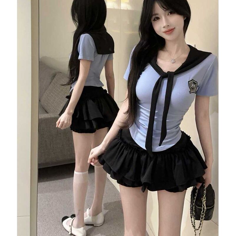 Internet Celebrity Sexy Navy Collar Color-Blocked Slimming Look Pullover T-Shirt Top + Puffy Skirt Jk Uniform Two-Piece Set Internet Celebrity Sexy Navy Collar Color-Blocked Slimming Look Pullover T-Shirt Top + Puffy Skirt Jk Uniform Two-Piece Set