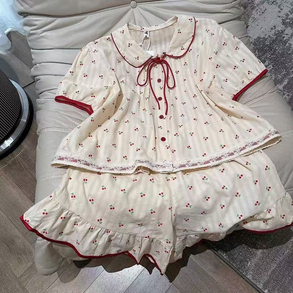 Pajamas Women's Korean-style Sweet Fresh Loose Cotton Cute Cherry Contrast Color Spring and Summer Short-sleeved Home Clothes suit Trendy