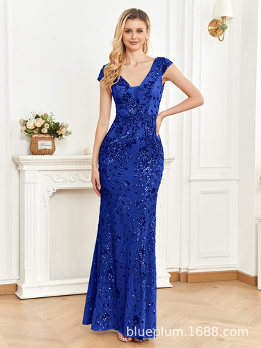 New European and American sequined blue evening dress banquet elegant slim fishtail dress long toast party dress