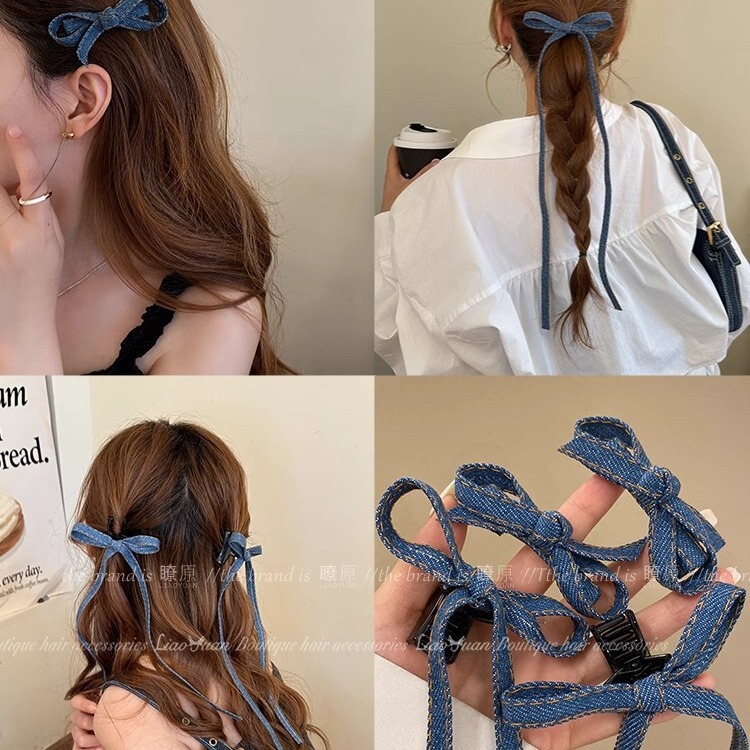 A couple! Vintage Denim Blue Bow Hairpin Headwear 2024 New High-end Girl's Bangs Small Grab Clip A couple! Vintage Denim Blue Bow Hairpin Headwear 2024 New High-end Girl's Bangs Small Grab Clip