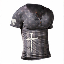 SDTC33夏季歐美新款時尚休閑數碼印桃花圓領短袖T恤男裝4顆扣批發