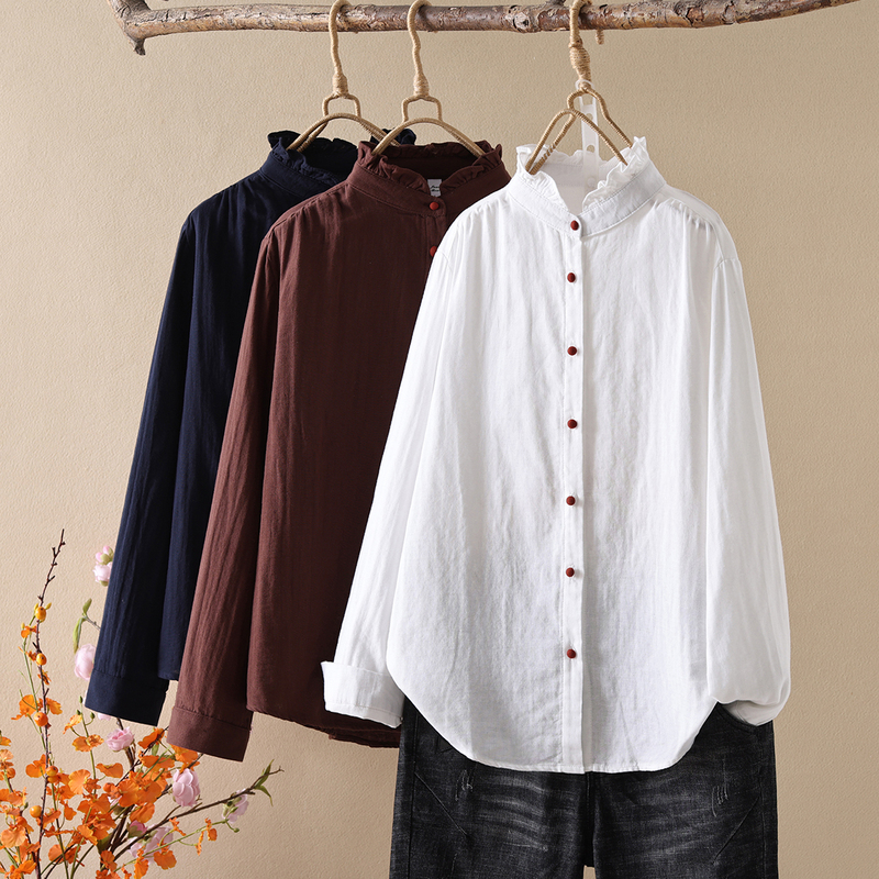 Women's Long-Sleeve Soft and Skin-Friendly Breathable Gauze Shirt with Ruffle Collar, Double-Layer Cotton Gauze, Vintage Artistic Bead Button Base Shirt