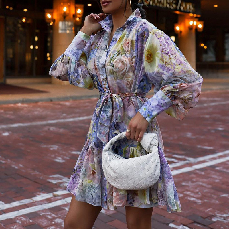 long-sleeved lapel lace-up short flower printed shirt dress NSONF136845