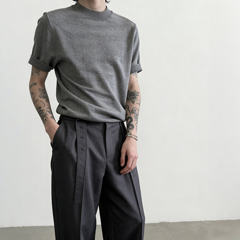 KT1047`Fashionable minimalist stand-up collar short-sleeve knit shirt for men and women, versatile base shirt 539 KT1047`Fashionable minimalist stand-up collar short-sleeve knit shirt for men and women, versatile base shirt 539