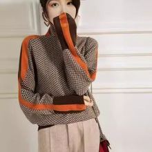 外贸跨境秋冬设计感慵懒宽松撞色袖全仿羊毛高领针织衫毛衣女秋冬