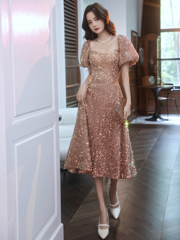 Vestido de noche con lentejuelas estilo ligero lujo nicho vestido femenino banquete elegante Socialite sentido transfronterizo anfitrión rendimiento vestido