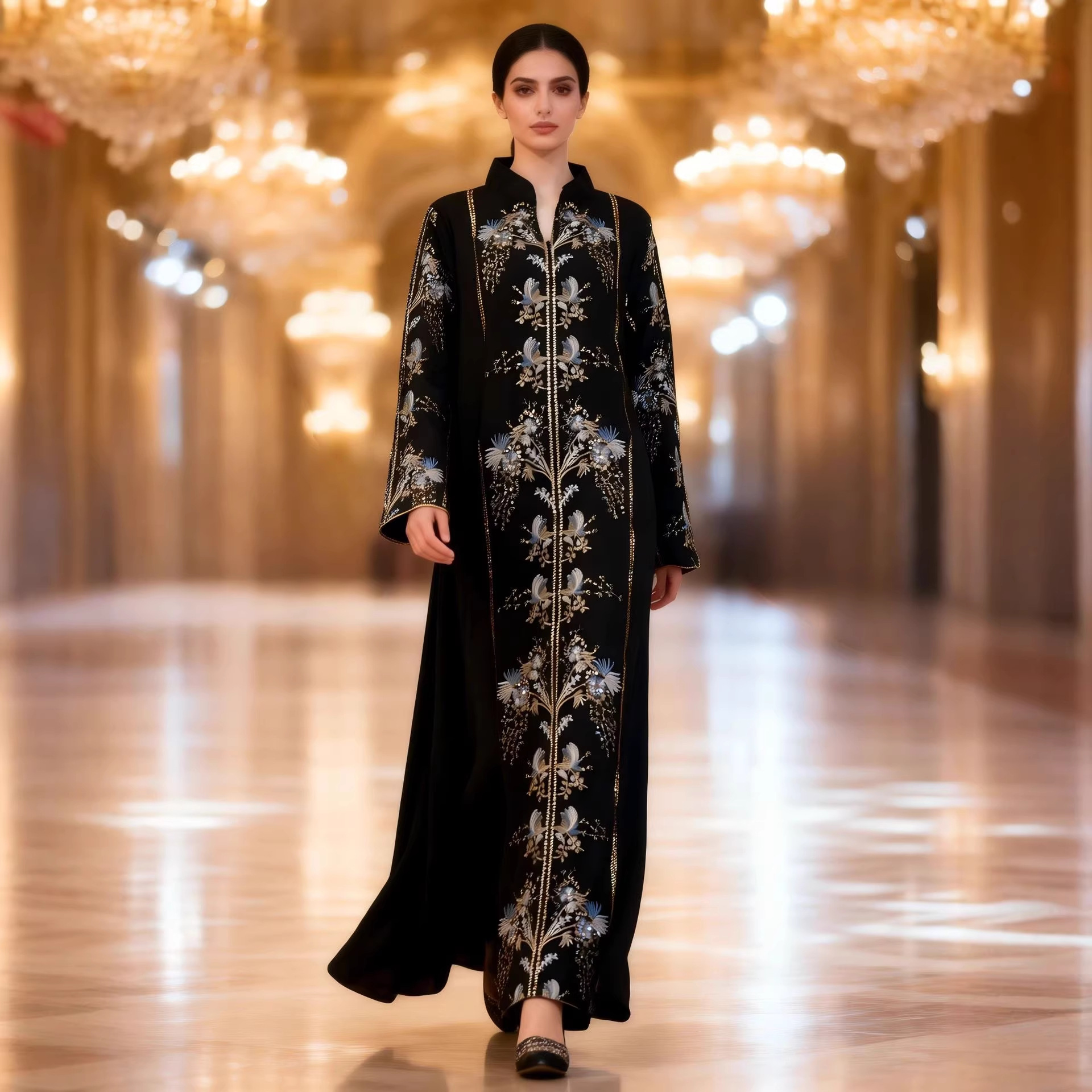 2026 Spring New Arrival Heavy Embroidery Evening Gown Women's Stand Collar Blue and Gold Floral Long Banquet Dress/Robe