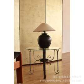 嘻物所中古风铁艺玻璃茶几复古圆形边几客厅风格家具线条设计艺术