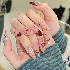 新年戰甲紅色法式長杏仁魔鏡粉晶石貓眼穿戴甲高級感紅色顯白美甲