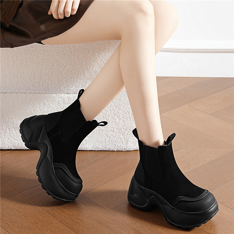 2025 Autumn Winter New Thick-Soled High-Heeled Chelsea Boots Versatile Height-Increasing Short Boots Patchwork Fleece-Lined Chimney Boots Cotton Shoes_vogvips.com