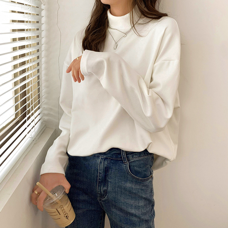 반하이넥 독일산 벨벳 이너웨어 여성용 가을 겨울 스타일리시한 빅사이즈 루즈핏 슬림 화이트 티셔츠 여성용 보온 긴팔