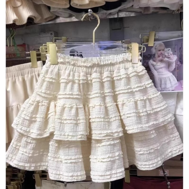 法式芭蕾风蛋糕裙女夏季2025新款甜美高腰显瘦a字蕾丝花边短裙子|undefined