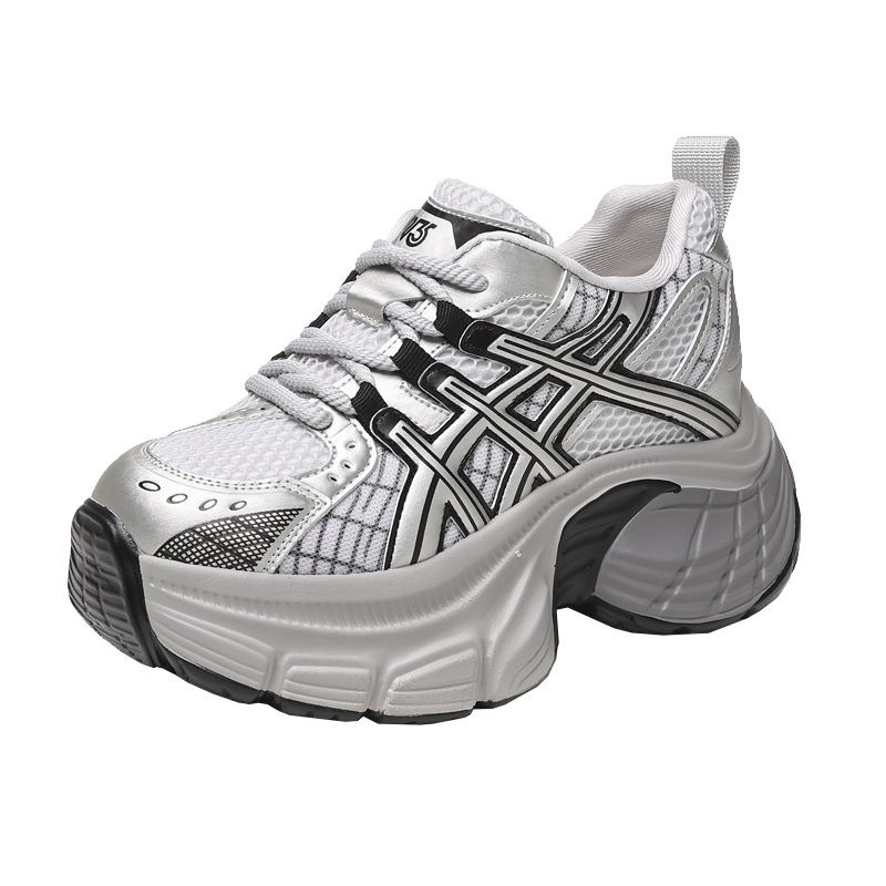 Giày sneaker chunky nữ đế dày tăng chiều cao mặt lưới thoáng khí — Màu be