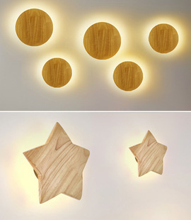 New solid wood wall lamp creative wood art study lamp Japanese and Korean modern led stars children wall lamp decorative lamp