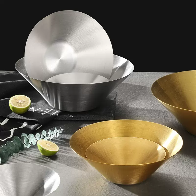一件代发304不锈钢加厚金色韩式水果沙拉盆大容量v型单层斗笠碗
