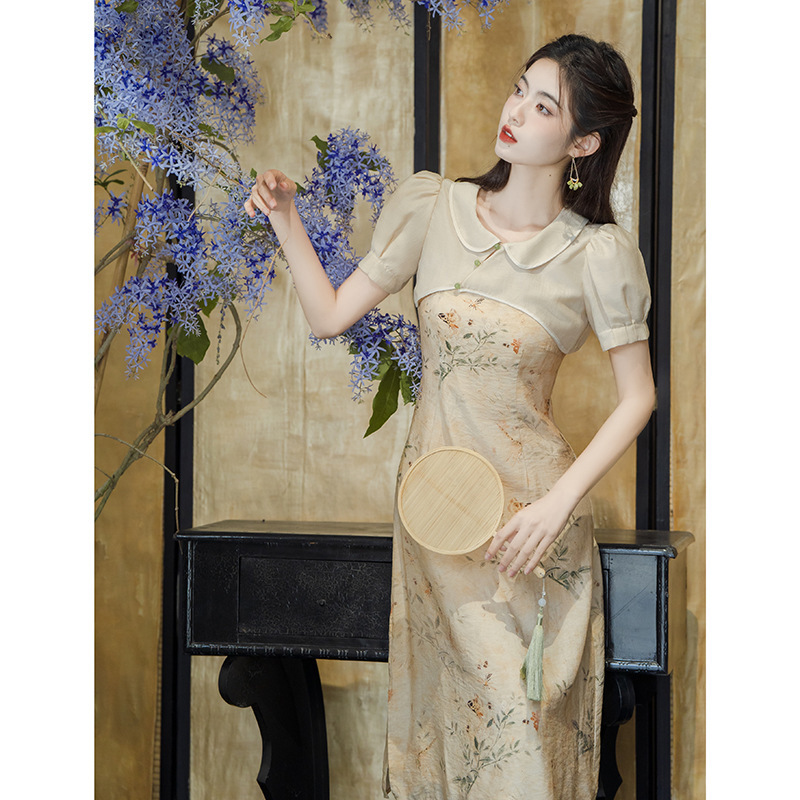 新中式改良旗袍套装女夏季女装复古气质名媛风高腰显瘦国风连衣裙