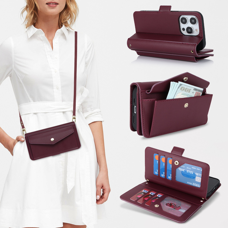 Applicable iPhone15 mobile phone leather case 13Pro multi-function card wallet crossbody bag protective case solid color multi-card