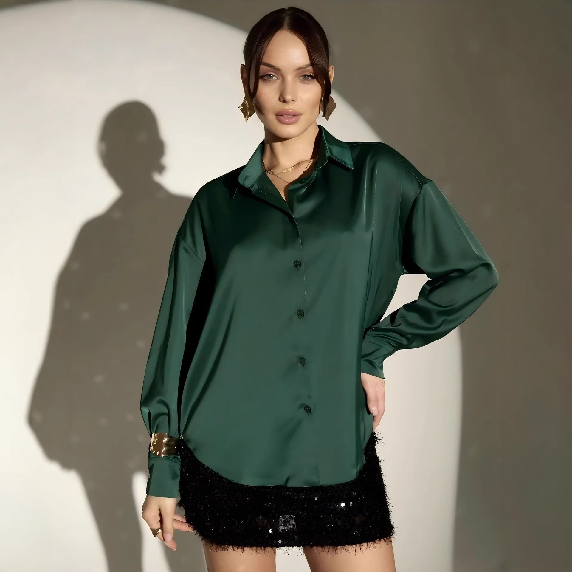 Women's Solid Color Acetate Long Sleeve Shirt Spring New Arrival Silky Satin Feel Wrinkle Resistant Drapey Texture Basic Top_ecoleips.com