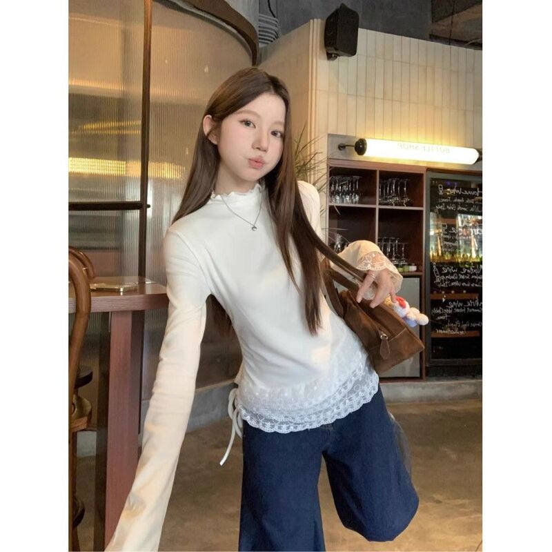 260g Threaded Velvet Cream White Double-Layer Lace Half Turtleneck Long-Sleeved T-Shirt Women's Fleece Drawstring Inner Top