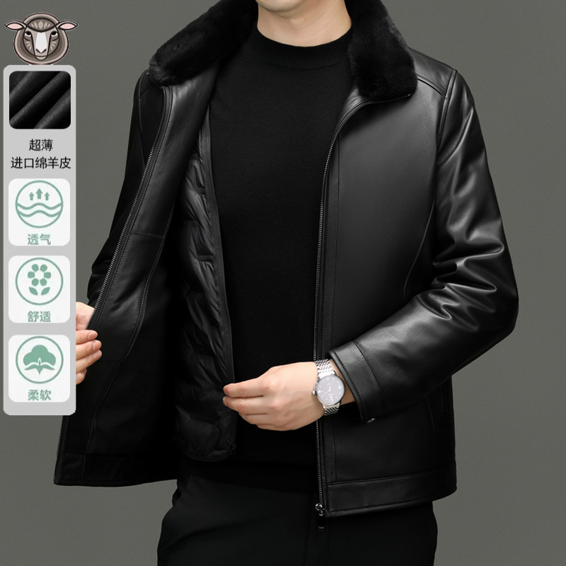 海宁棉羊皮皮真皮皮衣男白鹅绒水貂毛领羽绒服外套可脱卸内胆男装